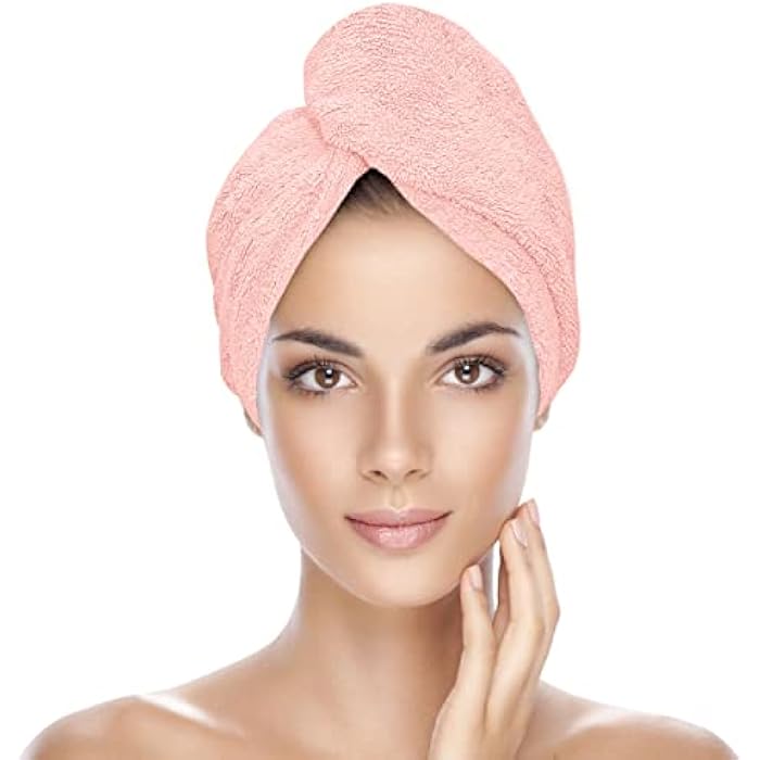 KEEPOZ Zero Twist 100% Cotton Hair Towel Wrap, Terrycloth Hair Turban Rapid Drying Towel for Hair with Button, Anti Frizz Hair Towel with Elastic Strap, Cap for Long & Thick Hair (Pink) - Image 1